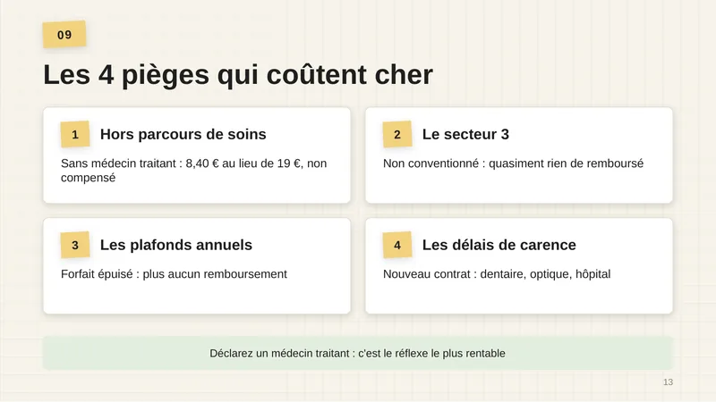 1. Hors parcours de soins : sans médecin traitant, 8,40 € au lieu de 19 €, non compensé. 2. Le secteur 3 : non conventionné, quasiment rien de remboursé. 3. Les plafonds annuels : forfait épuisé, plus aucun remboursement. 4. Les délais de carence : nouveau contrat, dentaire, optique, hôpital. Déclarez un médecin traitant : c’est le réflexe le plus rentable.