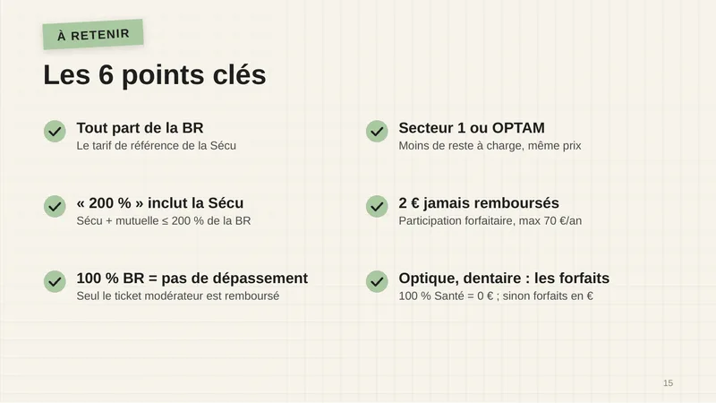 Tout part de la BR, le tarif de référence de la Sécu. « 200 % » inclut la Sécu : Sécu + mutuelle ≤ 200 % de la BR. 100 % BR = pas de dépassement : seul le ticket modérateur est remboursé. Secteur 1 ou OPTAM : moins de reste à charge, même prix. 2 € jamais remboursés : participation forfaitaire, maximum 70 € par an. Optique, dentaire : 100 % Santé = 0 € ; sinon, forfaits en €.