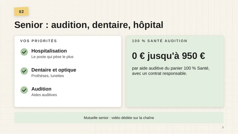 Vos priorités : hospitalisation, le poste qui pèse le plus ; dentaire et optique, prothèses, lunettes ; audition, aides auditives. 100 % Santé audition : 0 € jusqu’à 950 € par aide auditive du panier 100 % Santé, avec un contrat responsable. Mutuelle senior : vidéo dédiée sur la chaîne.