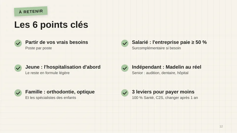 Partir de vos vrais besoins, poste par poste. Jeune : l’hospitalisation d’abord, le reste en formule légère. Famille : orthodontie, optique, et les spécialistes des enfants. Salarié : l’entreprise paie au moins 50 %, surcomplémentaire si besoin. Indépendant : Madelin au réel ; senior : audition, dentaire, hôpital. 3 leviers pour payer moins : 100 % Santé, C2S, changer après 1 an.
