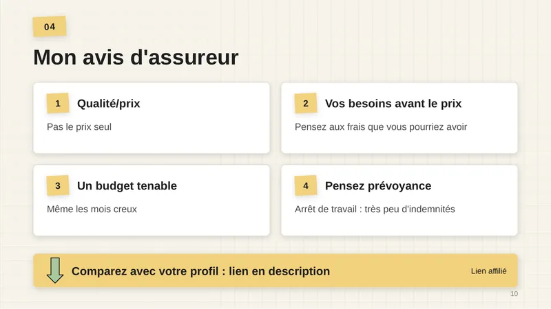 1. Qualité/prix : pas le prix seul. 2. Vos besoins avant le prix : pensez aux frais que vous pourriez avoir. 3. Un budget tenable, même les mois creux. 4. Pensez prévoyance : arrêt de travail, très peu d’indemnités. Comparez avec votre profil : lien en description (lien affilié).
