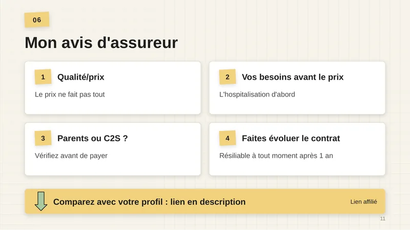 1. Qualité/prix : le prix ne fait pas tout. 2. Vos besoins avant le prix : l’hospitalisation d’abord. 3. Parents ou C2S ? Vérifiez avant de payer. 4. Faites évoluer le contrat : résiliable à tout moment après 1 an. Comparez avec votre profil : lien en description (lien affilié).