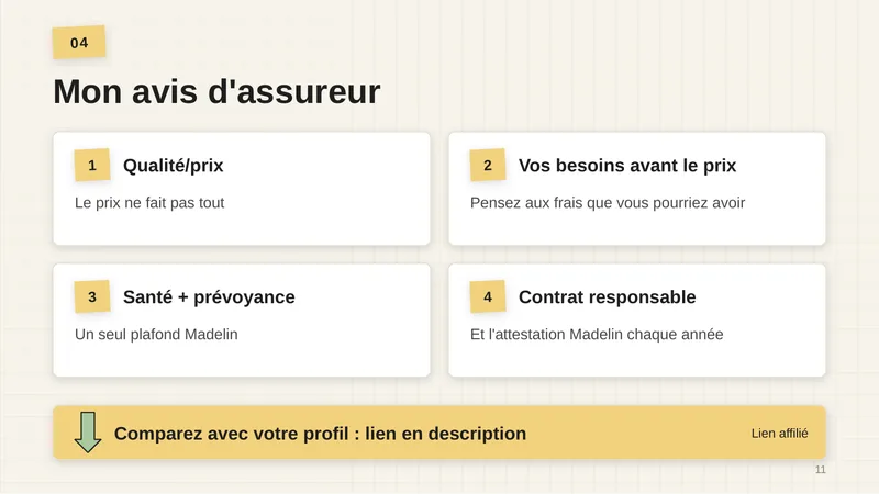 1. Qualité/prix : le prix ne fait pas tout. 2. Vos besoins avant le prix : pensez aux frais que vous pourriez avoir. 3. Santé + prévoyance : un seul plafond Madelin. 4. Contrat responsable, et l’attestation Madelin chaque année. Comparez avec votre profil : lien en description (lien affilié).