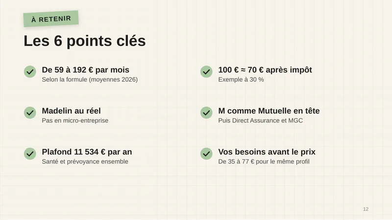De 59 à 192 € par mois selon la formule (moyennes 2026). Madelin au réel, pas en micro-entreprise. Plafond 11 534 € par an, santé et prévoyance ensemble. 100 € ≈ 70 € après impôt, exemple à 30 %. M comme Mutuelle en tête, puis Direct Assurance et MGC. Vos besoins avant le prix : de 35 à 77 € pour le même profil.