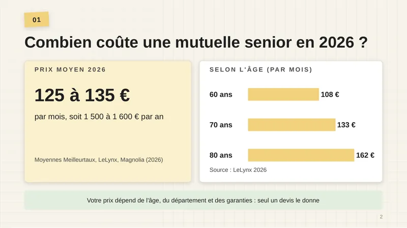 Prix moyen 2026 : 125 à 135 € par mois, soit 1 500 à 1 600 € par an (moyennes Meilleurtaux, LeLynx, Magnolia). Selon l’âge, par mois : 108 € à 60 ans, 133 € à 70 ans, 162 € à 80 ans (LeLynx 2026). Votre prix dépend de l’âge, du département et des garanties : seul un devis le donne.