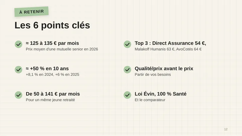 ≈ 125 à 135 € par mois : prix moyen d’une mutuelle senior en 2026. ≈ +50 % en 10 ans (+8,1 % en 2024, +6 % en 2025). De 50 à 141 € par mois pour un même jeune retraité. Top 3 : Direct Assurance 54 €, Malakoff Humanis 63 €, AvoCotés 64 €. Qualité/prix avant le prix : partir de vos besoins. Loi Évin, 100 % Santé et le comparateur.